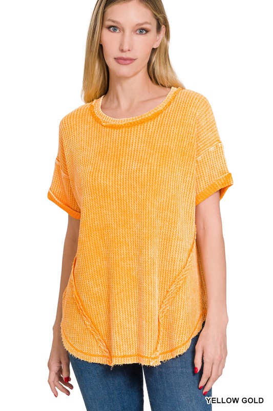 WASHED WAFFLE ROLLED UP SHORT SLEEVE TOP