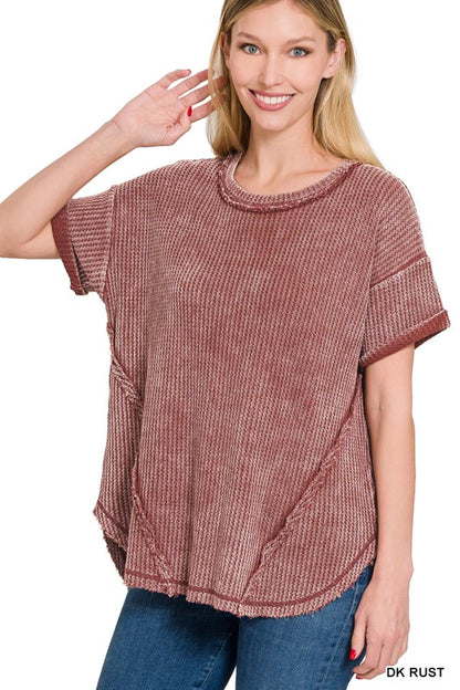 WASHED WAFFLE ROLLED UP SHORT SLEEVE TOP