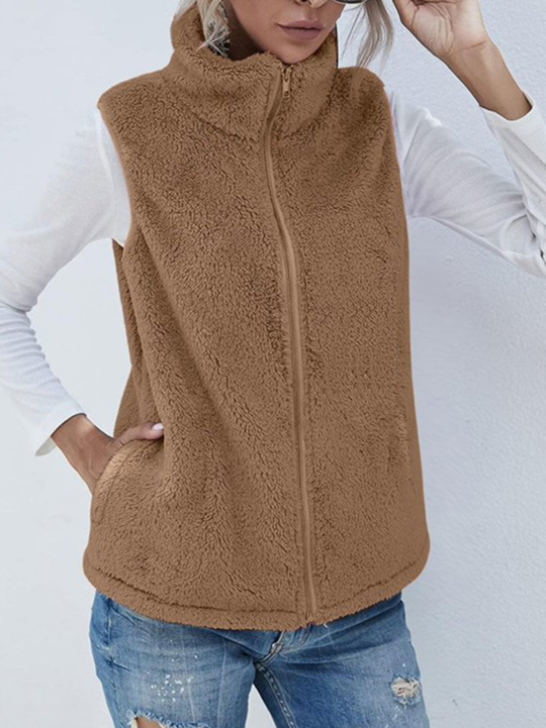 Fuzzy Zip Up Vest Coat with Pockets