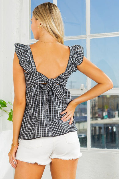 Ruffle Sleeve Tie Back Gingham Top