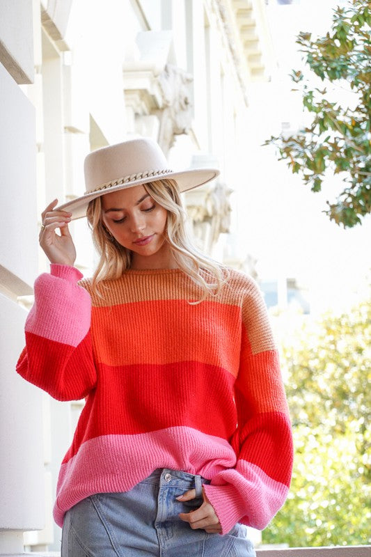 Bold Rainbow Stripe Oversized Chunky Knit Pullover Sweater