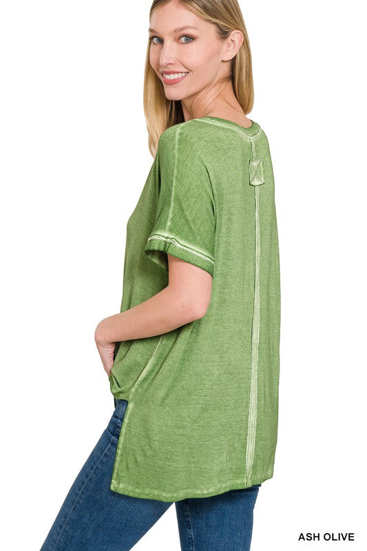 WASHED SHORT SLEEVE V-NECK TOP W HI-LOW HEM