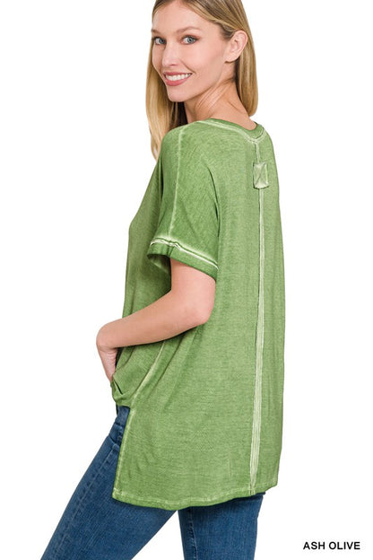 WASHED SHORT SLEEVE V-NECK TOP W HI-LOW HEM