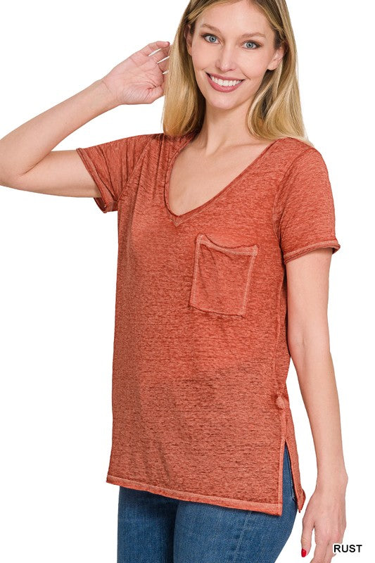 WASHED MELANGE BURNOUT SCOOP V-NECK TOP