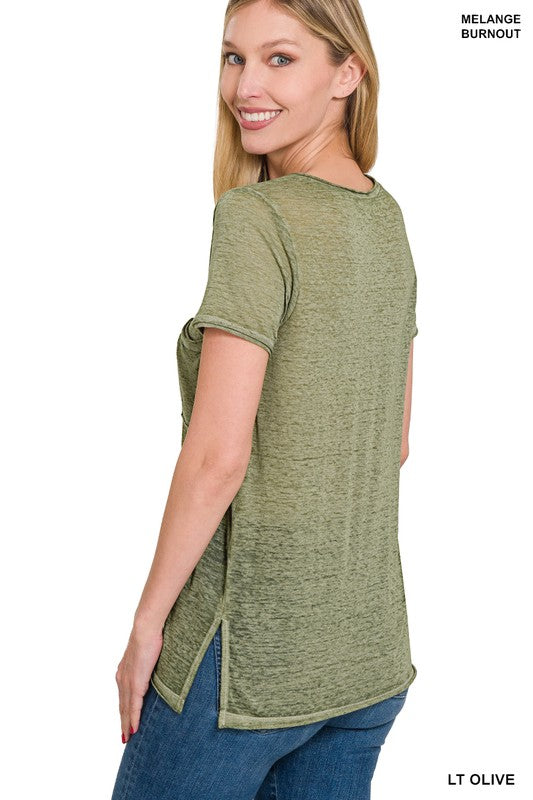 WASHED MELANGE BURNOUT SCOOP V-NECK TOP