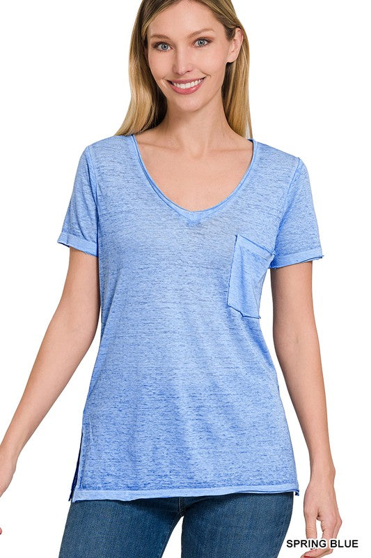 WASHED MELANGE BURNOUT SCOOP V-NECK TOP