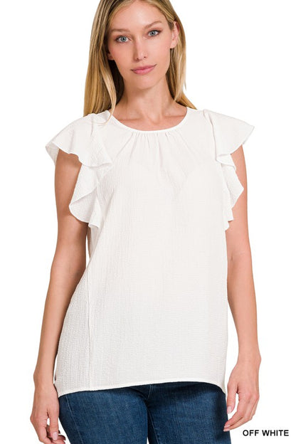 WOVEN BUBBLE AIRFLOW FLUTTER SLEEVE TOP