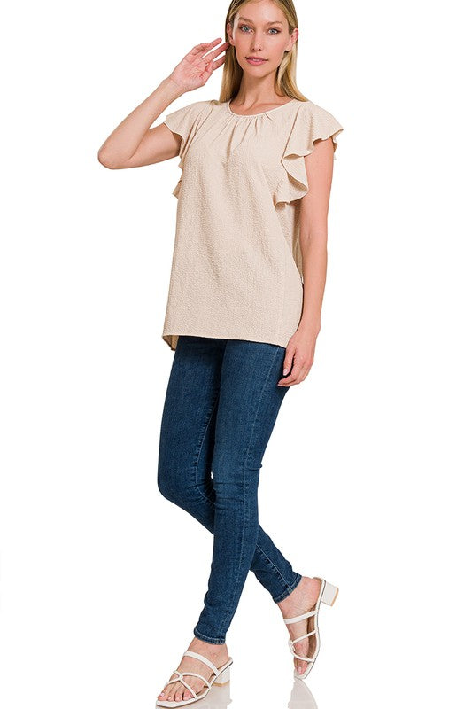 WOVEN BUBBLE AIRFLOW FLUTTER SLEEVE TOP