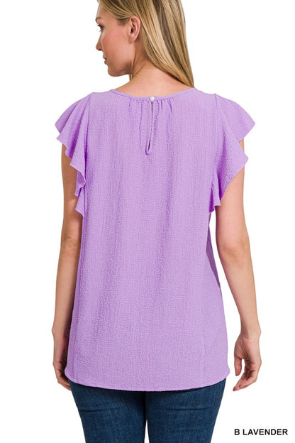 WOVEN BUBBLE AIRFLOW FLUTTER SLEEVE TOP