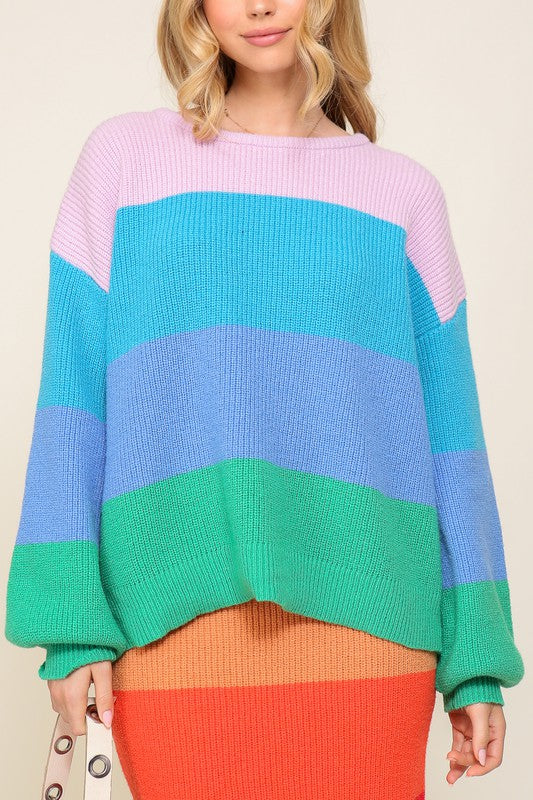 Bold Rainbow Stripe Oversized Chunky Knit Pullover Sweater