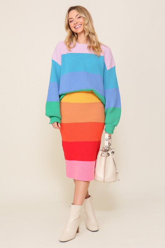 Bold Rainbow Stripe Oversized Chunky Knit Pullover Sweater