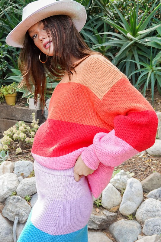 Bold Rainbow Stripe Oversized Chunky Knit Pullover Sweater