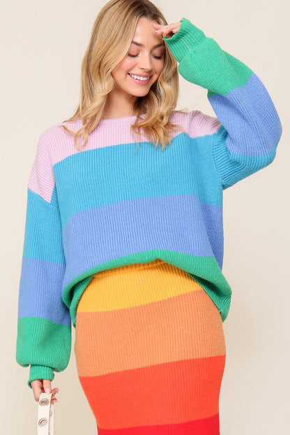 Bold Rainbow Stripe Oversized Chunky Knit Pullover Sweater