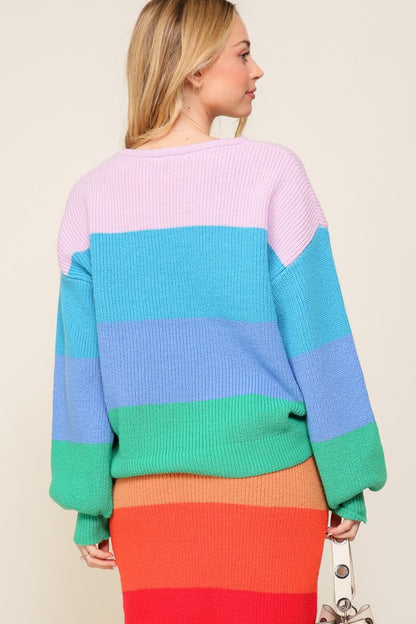 Bold Rainbow Stripe Oversized Chunky Knit Pullover Sweater