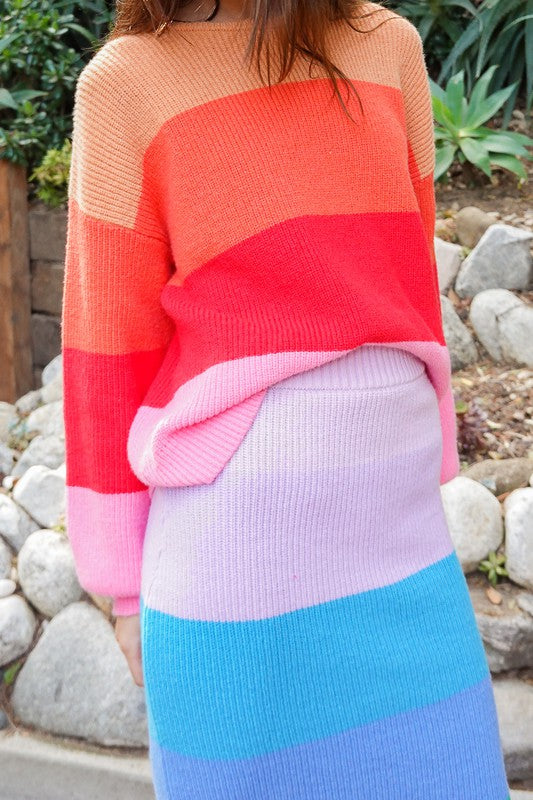 Bold Rainbow Stripe Oversized Chunky Knit Pullover Sweater