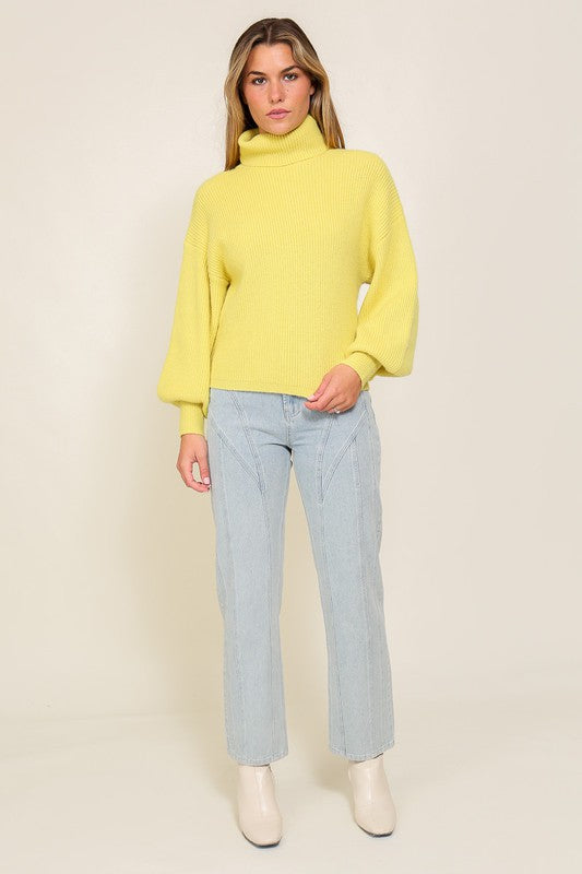 Rib Knitted Turtleneck Sweater with Bishop Sleeve