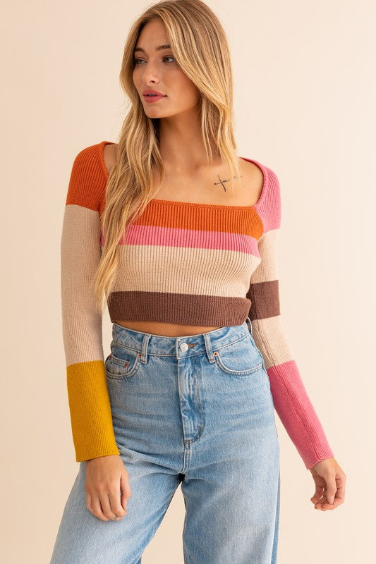 Long Sleeve Color Block Stripe Knit Crop Top