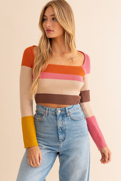 Long Sleeve Color Block Stripe Knit Crop Top