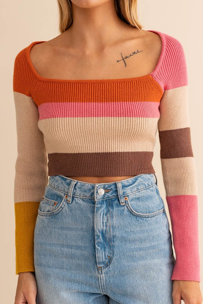 Long Sleeve Color Block Stripe Knit Crop Top