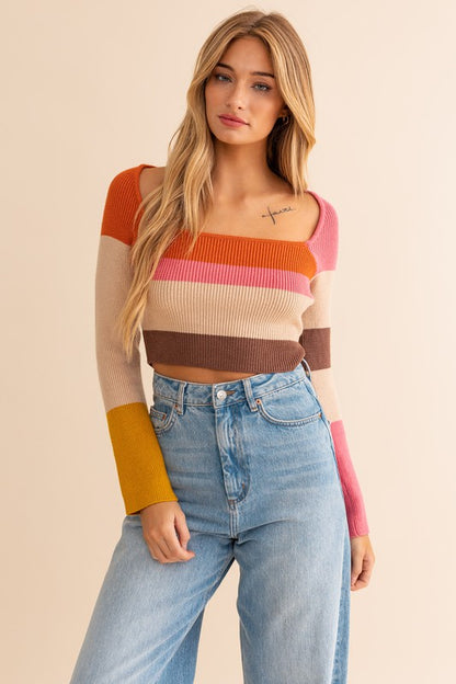 Long Sleeve Color Block Stripe Knit Crop Top