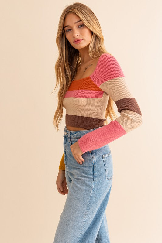 Long Sleeve Color Block Stripe Knit Crop Top