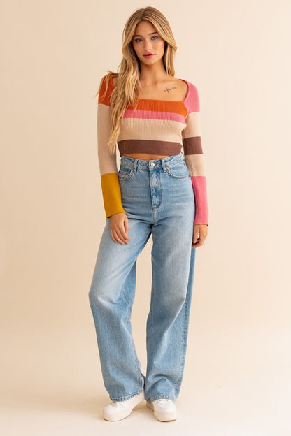 Long Sleeve Color Block Stripe Knit Crop Top