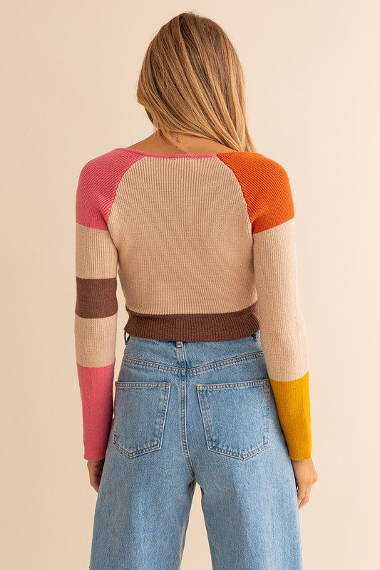 Long Sleeve Color Block Stripe Knit Crop Top