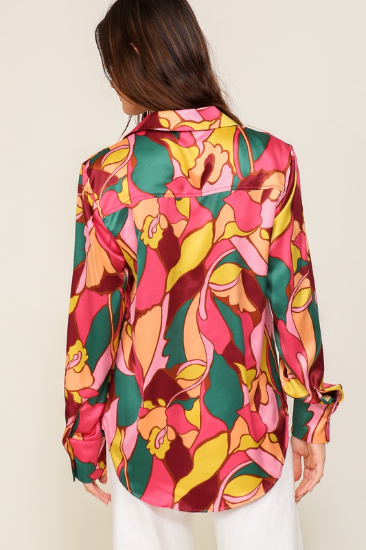 Retro Print Satin Blouse