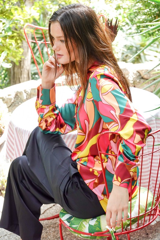 Retro Print Satin Blouse