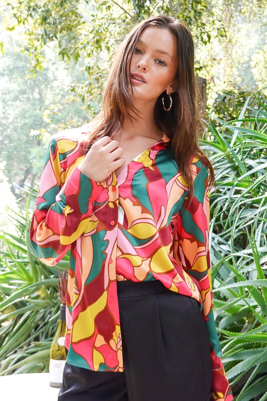 Retro Print Satin Blouse