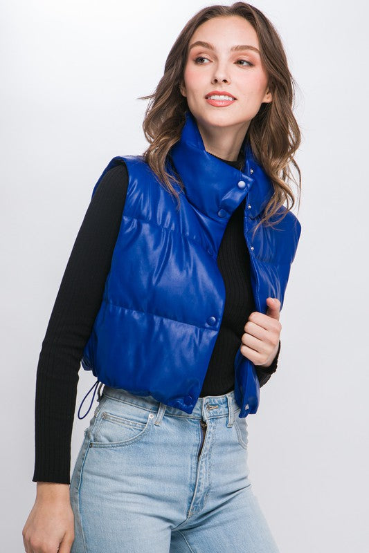 PU Faux Leather puffer West With Snap Button