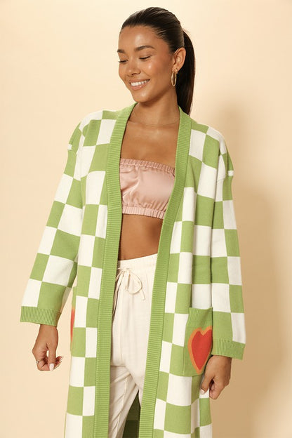 Long knit checkered cardigan