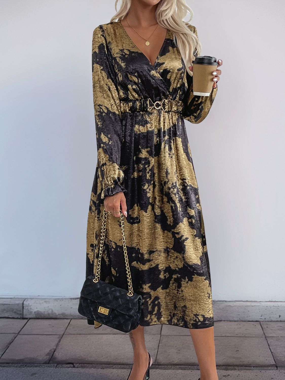 Printed Surplice Long Sleeve Midi Dress