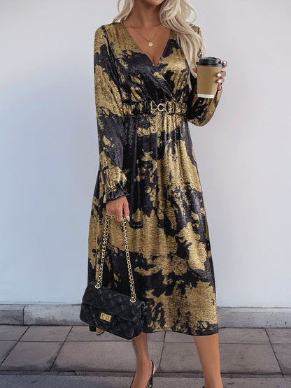 Printed Surplice Long Sleeve Midi Dress