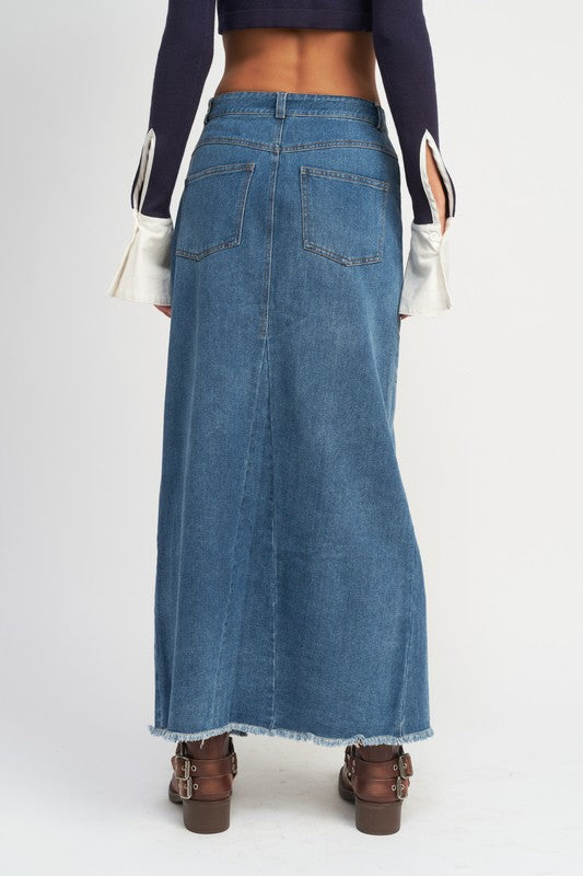 BELT DETAIL DENIM SKIRT WITH FRONT SLIT