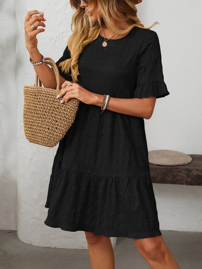 Ruffled Ruched Round Neck Half Sleeve Dress