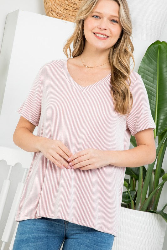 TWO TONE SLUB RIB STRIPE TOP