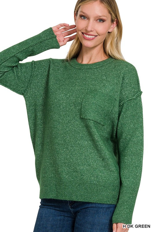 MELANGE HI-LOW HEM ROUND NECK SWEATER