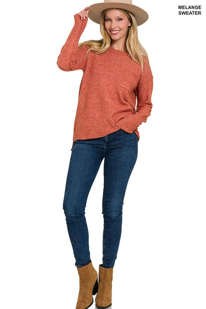 MELANGE HI-LOW HEM ROUND NECK SWEATER