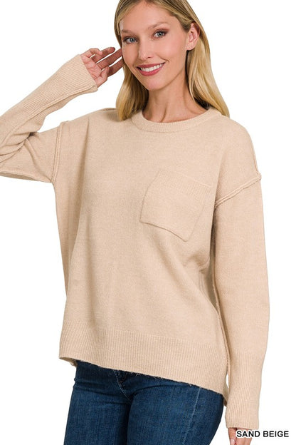 MELANGE HI-LOW HEM ROUND NECK SWEATER