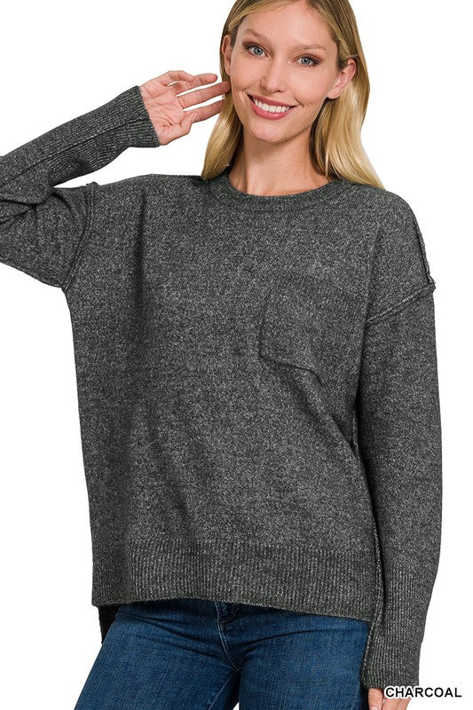 MELANGE HI-LOW HEM ROUND NECK SWEATER