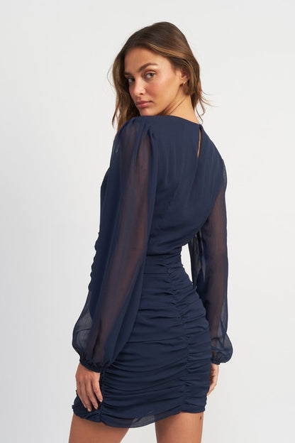 LONG SLEEVE RUCHED MINI DRESS