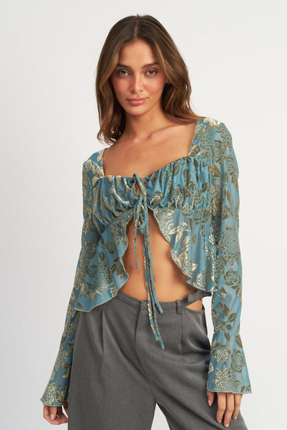 SHIRRRING TIE TOP WITH LONG SLEEVE