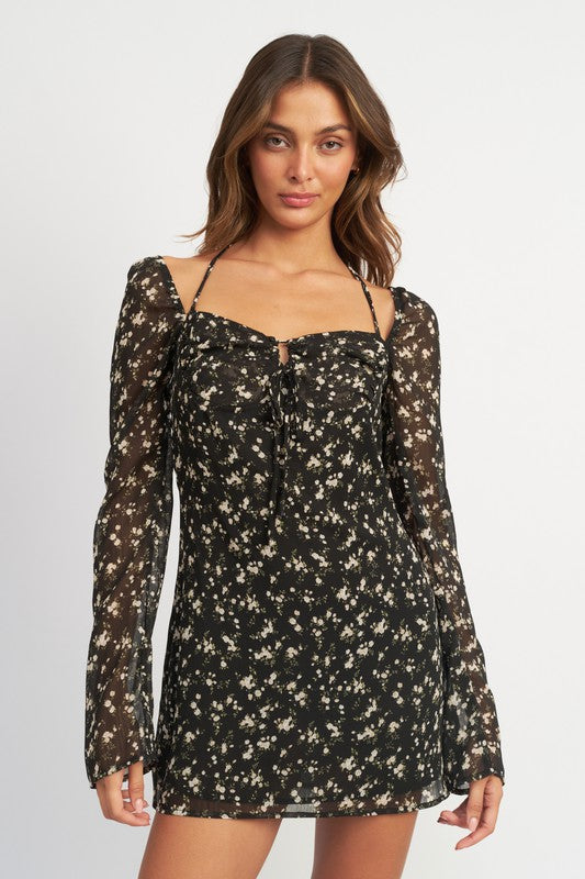 FLORAL LONG SLEEVE DRESS WITH HALTER DETAIL