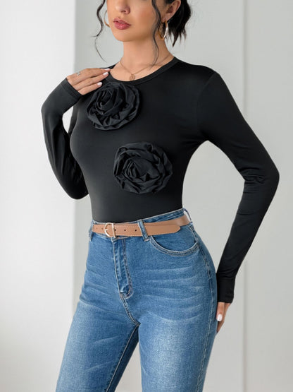 Flower Round Neck Long Sleeve Bodysuit