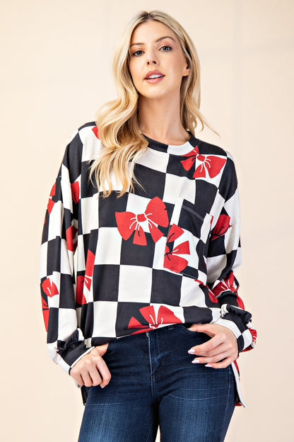 Checkered Bow Print Round Neck T-Shirt