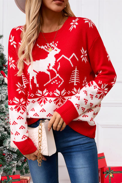 Deer Pattern Round Neck Long Sleeve Sweater