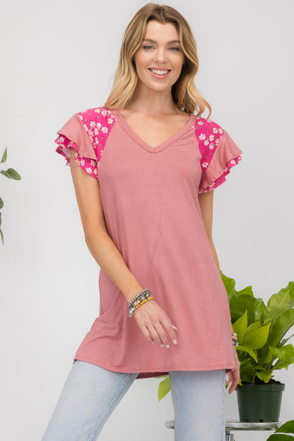 Floral Contrast Short Sleeve Top