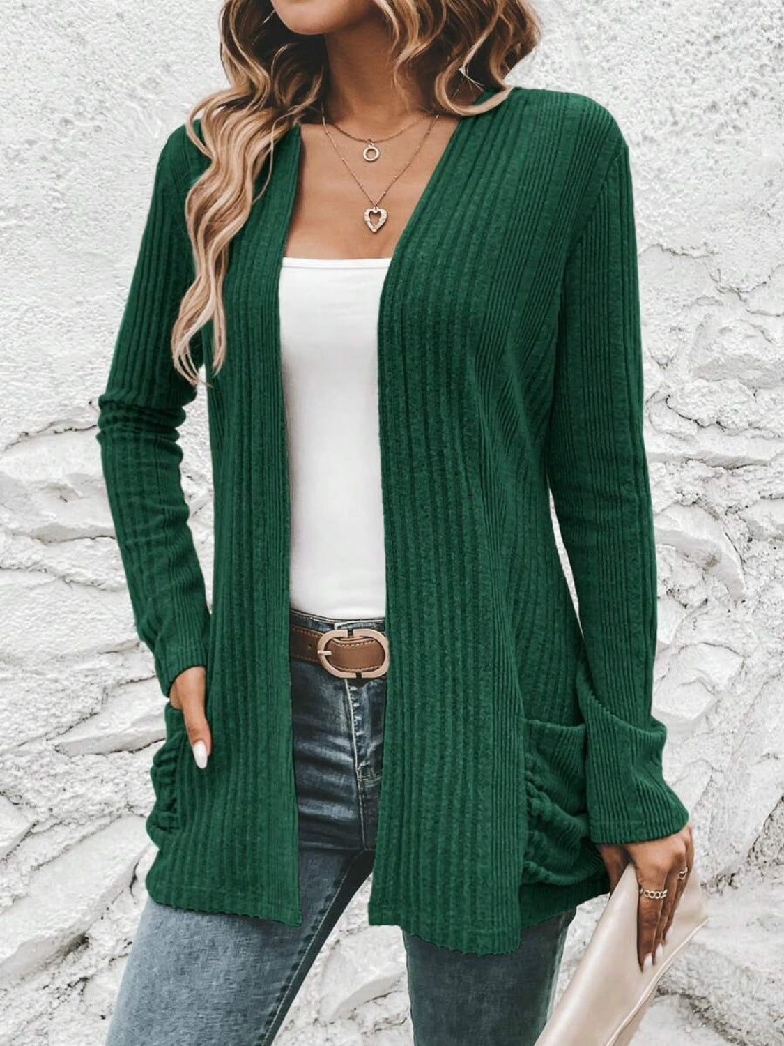 Pocketed Open Front Long Sleeve Cardigan