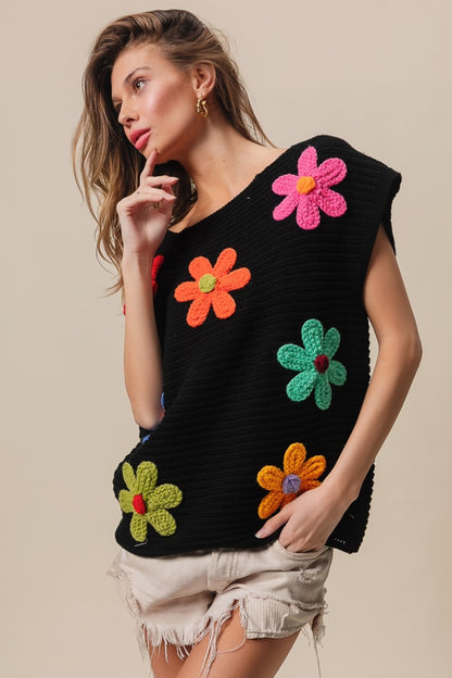 Flower Round Neck Cap Sleeve Knit Top